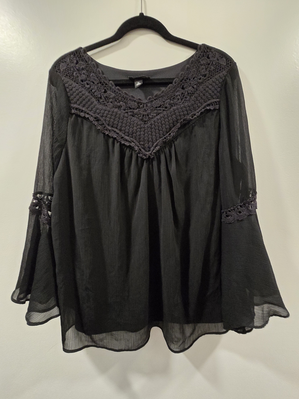 AB Studio Black Crochet Yoke Peasant Blouse - Size XL